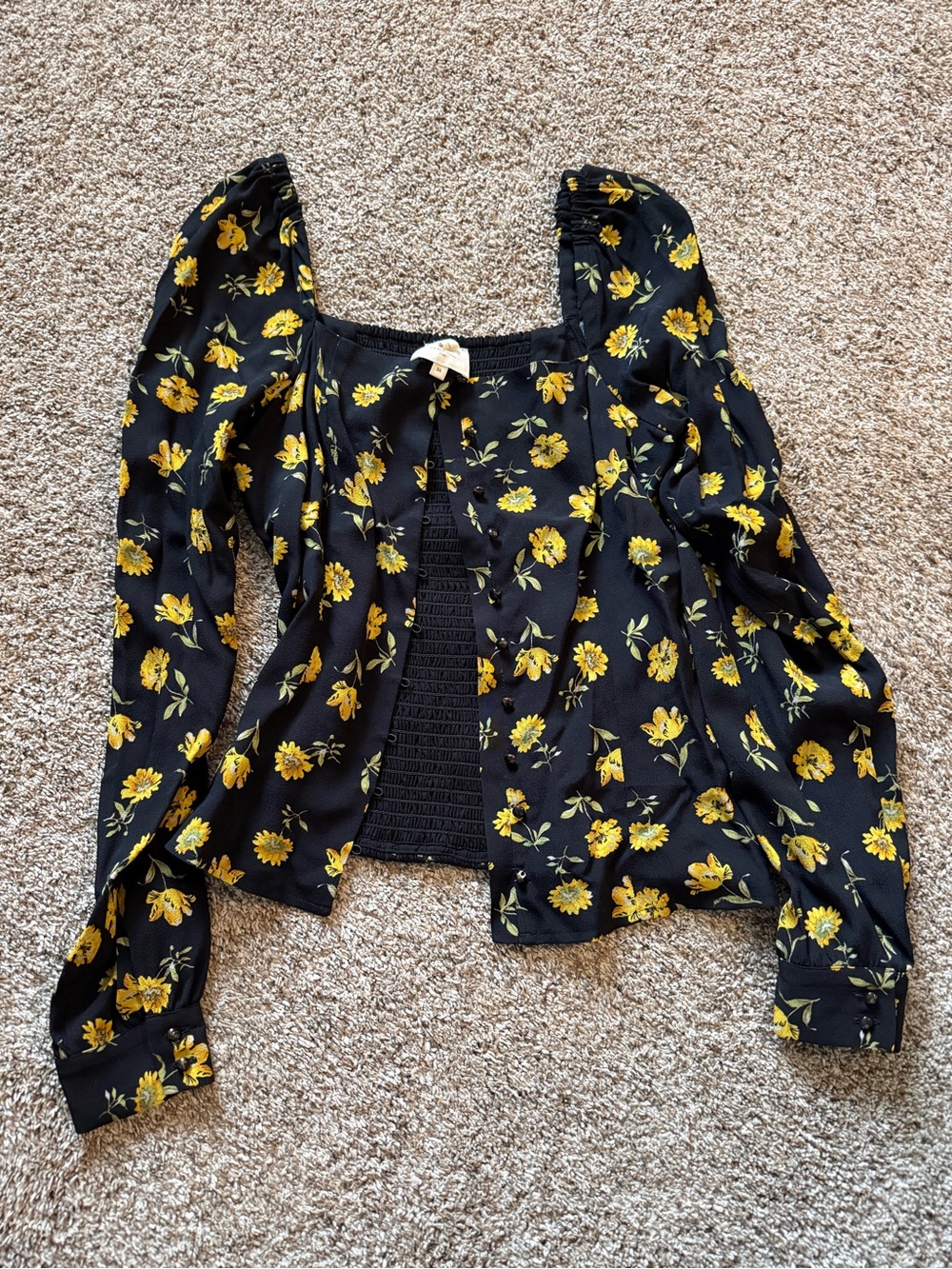Sezane Black Floral Square-Neck Women's Top with Yellow Print